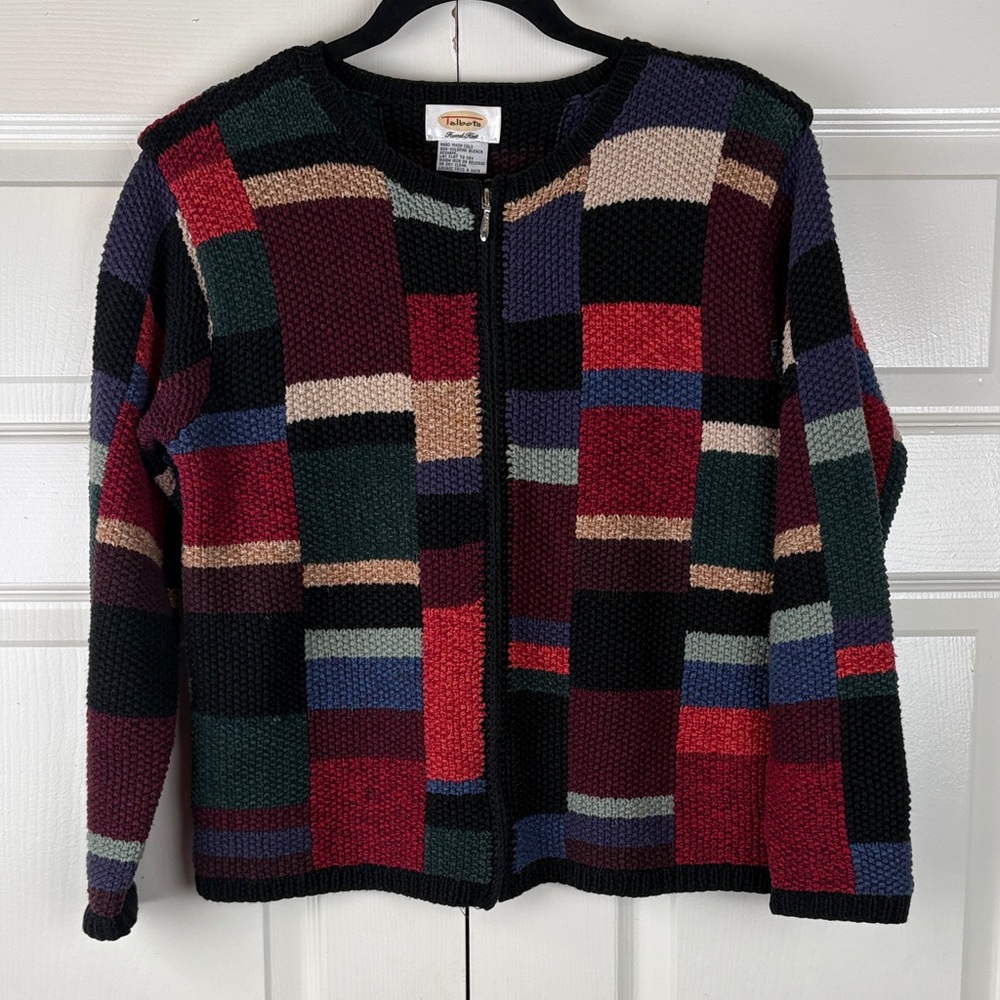 Vintage Talbots Hand Knit Patchwork Sweater Cardigan Colorblock Zip Front Sz Med